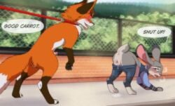 all_fours anthro canid canine collar disney duo female feral fox genitals hi_res imminent_sex judy_hopps lagomorph leash leashed_collar leporid male male/female mammal penis penis_tip psychobatsu pussy rabbit zootopia