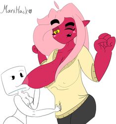 breastfeeding breasts cube cube_(danimationart) danimationart huge_breasts kyoob_(thegentlebro) manihack pink_hair red_skin sweatshirt thegentlebro