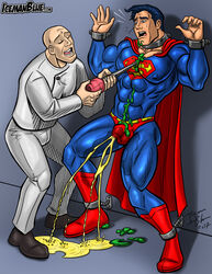 2boys bald blue_eyes bound bulge chained cry crying dc doctor domination forced gay gay_domination humiliation icemanblue kryptonite lex_luthor male male_only pecs peeing peeing_on_floor peeing_self peeing_through_clothing piss pissing spandex superhero superman uniform urinating urinating_male urination urine urine_on_floor urine_pool urine_stream watersports wet_clothes