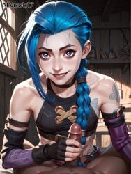 1girls ai_generated ainoob17 arcane arcane_jinx blue_hair dark-skinned_male handjob jinx_(arcane) jinx_(league_of_legends) light-skinned_female penis smile smiling stable_diffusion tagme