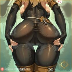 ai_generated allmightyeagle_(ame) arms_behind_head ass_focus ass_spread bare_shoulders belt big_ass big_breasts black_bodysuit blonde_female blonde_hair blush bodysuit collar cute day elbow_gloves elf elf_ears elf_female embarrassed evangelyne fingerless_gloves forest freckles gloves green_eyes heart huge_breasts leotard patreon pointy_ears pussy_juice pussy_juice_drip saliva see-through see-through_clothing see-through_shirt sidelocks smile smiling spreading standing sweating thick_ass thick_thighs thigh_boots wakfu wet wet_body wet_clothes wet_clothing wet_skin