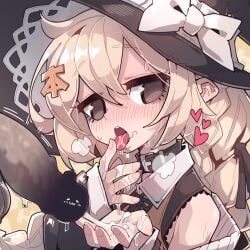 blonde_hair collar cum cum_in_mouth cum_on_body cum_on_hands fellatio female grey_eyes hat highres imazawa kirisame_marisa long_hair looking_at_viewer open_mouth oral penis penis_shadow stray_pubic_hair tongue tongue_out touhou