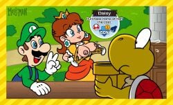 1girls 2boys accurate_art_style anthro artstyle_imitation blue_eyes blue_overalls breasts breasts_out brown_hair clothing crown facial_hair female gloves grass green_hat green_shirt human koopa koopa_troopa lipstick luigi male mario_(series) mario_party moustache nintendo nipple_piercing nipples open_mouth outdoors princess princess_daisy reptile royalty scalie shell showing_breasts super_mario_party_jamboree the_moss-man turtle white_gloves