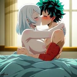 ai_generated anime beauty_mark bed bed_sheet bedroom bedroom_sex big_breasts big_nipples blue_nail_polish blue_nails blush boy breasts crossover crossover_kiss crossover_shipping dark_green dark_green_hair dreson earrings fairy_tail girl hands_around_neck hands_around_waist heroine husbando injured injuries izuku_kiss_lisanna izuku_midoriya kissing lisanna_strauss making_love manga morning morning_sex my_hero_academia novelai nude red_ears super_hero waking_up white_hair young_couple young_female younger_male