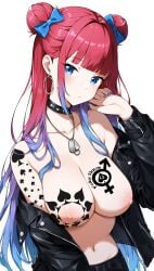 ai_generated blacked blue_eyes blue_hair choker dog_tags gradient_hair hair_bun hair_buns hoop_earrings izzyredlove_(oc) leather_jacket original original_character queen_of_spades queen_of_spades_symbol red_hair space_buns tagme tattoo tattoo_on_breast tattoo_on_chest tattooed_arm tattoos_everywhere