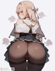 ai_generated ass ass_focus atelier_(series) atelier_ryza bare_shoulders black_pantyhose blonde_hair blush bow braid closed_mouth dmk_meow dress female french_braid from_behind green_eyes hairband hairbow klaudia_valentz long_hair looking_at_viewer looking_back panties panties_under_pantyhose pantyhose simple_background skirt solo sweat sweatdrop thighband_pantyhose thighs underwear white_background white_bow white_capelet yellow_eyes