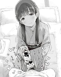 bed female hair_ornament handjob heart highres idolmaster idolmaster_cinderella_girls japanese_clothes kimono kobayakawa_sae long_hair monochrome obi penis pubic_hair sash shinjiro smile