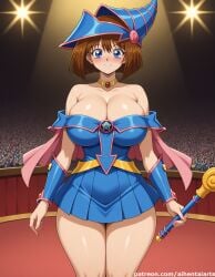 ai_generated anzu_mazaki blue_eyes blush brown_hair cape cleavage curvy curvy_female curvy_figure dark_magician_girl dark_magician_girl_(cosplay) dress hat highres huge_breasts indoors looking_at_viewer magic_wand magical_girl magician_hat mazaki_anzu necklace pleated_skirt short_hair smile spotlight stage tea_gardner thick_thighs voluptuous voluptuous_female wand yu-gi-oh! yu-gi-oh!_duel_monsters