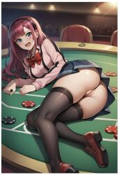 1girls ai_generated ass beyblade beyblade_burst big_ass breasts bubble_butt casino casino_table christina_kuroda female hairband human light-skinned_female light_skin long_hair lying_on_side presenting_pussy pussy red_hair skirt skirt_lift solo solo_focus