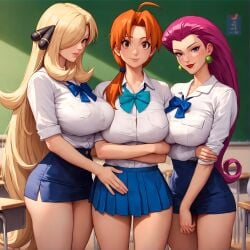 3girls alex-schura big_breasts blonde_female cynthia_(pokemon) delia_ketchum_(pokemon) earrings jessie_(pokemon) long_hair_female looking_at_viewer mature_woman milf pokemon purple_hair redhead_female school_uniform short_skirt skirt