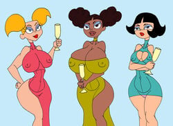 3girls aged_up arms_up asian bangs black_eyes black_hair blonde_hair blue_dress blue_eyes breast_hold brown_eyes brown_hair caglioro3666 cartoon_network cleavage cleavage_cutout crossed_arms curvy dark-skinned_female dark_skin dee_dee_(dexter's_laboratory) dexter's_laboratory dress drinking_glass erect_nipples eyelashes eyeshadow female female_only group hand_on_hip hands_on_hips hourglass_figure human large_breasts lee_lee lipstick looking_at_viewer makeup medium_breasts mee_mee minidress multiple_girls nipple_bulge older open_mouth panties pantyshot pantyshot_(standing) pink_dress pink_panties pose red_lipstick short_dress short_hair simple_background standing teenage thighhighs tied_hair twintails underwear wide_hips wine_glass yellow_dress yellow_hair yuri