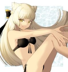 alternate_costume ass bikini black_bikini black_bra black_panties black_ribbon breasts chaos_puss_in_boots_(grimms_notes) female grimms_notes hair_ribbon long_hair partially_shaded_face sitting smile solo syaccchio10 white_hair yellow_eyes