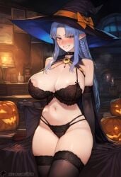 1-a_dot 1girls ai_generated big_breasts blue_eyes blue_hair blush breasts caster_(fate/stay_night) fate/grand_order fate/stay_night fate_(series) female grin halloween halloween_costume hat large_breasts lingerie long_hair medea_(fate) pointy_ears pumpkin smile solo standing underwear witch witch_costume witch_hat