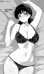 1girls arm_up armpits asian bed blush chainsaw_man female gato_gratam japanese long_hair mitaka_asa monochrome solo solo_female spanish_text underwear