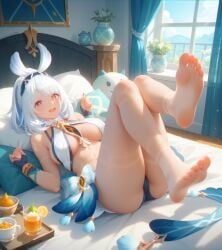 1girls ai_generated big_breasts braskymin breasts clothed clothed_female dark-skinned_female feet feet_up female female_only genshin_impact indoors large_breasts looking_at_viewer lying_on_bed mature_female mualani_(genshin_impact) official_art red_eyes sexually_suggestive soles white_hair