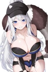 1girls baseball_cap big_breasts black_hat blue_eyes blush bra collarbone deogho_(liujinzy9854) grin hairbun hat large_breasts looking_at_viewer navel racoon_tail shorts sidelocks smile solo standing tail teeth thighhighs thighs underwear very_long_hair white_background white_hair