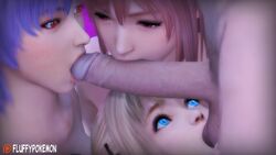 1boy 3d 3girls animated ayane_(doa) ball_sucking collaborative_fellatio dead_or_alive erection fellatio female fluffy_pokemon foursome harem honoka_(doa) interracial male marie_rose oral penis sound source_filmmaker straight sucking_testicles teamwork testicles video