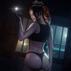 1girls 3d ass blender brown_hair camera camera_view claire_redfield claire_redfield_(jordan_mcewen) girl highres light-skinned_female light_skin looking_back nithes panties polaroid resident_evil resident_evil_2_remake selfie taking_picture thong