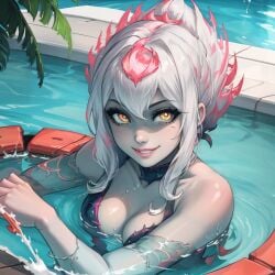 ai_generated bodysuit cute cute_face dark_swimsuit dark_swimwear evelynn pool pool_party pool_party_evelynn smile smiling succubus swimsuit swimwear white_body white_hair yellow_eyes