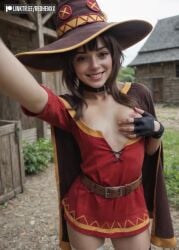 1female 1girl 1girls 3d 3d_animation ai_assisted ai_generated animated breasts breasts_out brown_hair female female_focus female_only hiding_breasts kono_subarashii_sekai_ni_shukufuku_wo! light-skinned_female light_skin looking_at_viewer megumin nipples nipslip no_bra realistic red_dress redhenxx shaking_hips small_breasts smile smiling smiling_at_viewer tagme video witch_hat