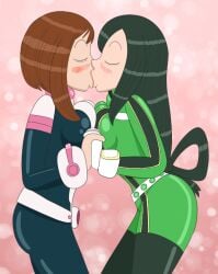 2girls boku_no_hero_academia breast_press gongo_gongo gongox2 gross interlocked_fingers kissing making_out my_hero_academia ochako_uraraka yuri