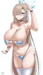 1girls asuna_(blue_archive) big_breasts bikini blonde_hair blue_archive blue_eyes bracelet breasts bursting_breasts busty cleavage eyepatch_bikini female female_only hair_over_one_eye halo huge_breasts ibara_azuki_(azk_ibr2nd) large_breasts long_hair looking_at_viewer navel salute simple_background smile solo swimsuit thick_thighs thighhighs thighs very_long_hair white_background