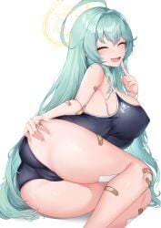 1girls ahoge aqua_hair ass bandaid bandaid_on_arm bandaid_on_leg bandaids_on_nipples blue_archive blue_one-piece_swimsuit breasts cameltoe cleft_of_venus closed_eyes deogho_(liujinzy9854) facing_viewer halo large_breasts legs long_hair lying on_side one_piece_swimsuit open_mouth pasties school_swimsuit simple_background smile solo swimsuit thighs very_long_hair white_background yellow_halo yume_(blue_archive)