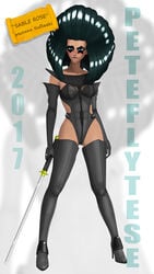 1girls 2017 big_hair heterochromia high_heel_boots hourglass_figure peteflytese sable_rose stockings sword weapon