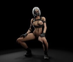 breasts completely_nude completely_nude_female female female_only fortnite gloves hand_on_thigh harness hush_(fortnite) kfc_(artist) looking_at_viewer mask masked masked_female nude nude_female shiny shiny_skin shoes solo solo_female squatting