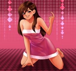 arm_support artist_self-insert barefoot blush breasts brown_eyes brown_hair checkered checkered_floor come_hither female index_finger_raised kneeling long_hair looking_at_viewer nightgown nipples nsfwee original see-through smile solo wee