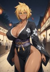 1girls ai_generated big_breasts bleach blonde_hair breasts cleavage ebony erect_nipples_under_clothes green_eyes japanese_clothes looking_at_viewer nipple_bulge no_panties public short_hair thighs zan50ai