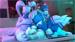 16:9 3_toes 3d_(artwork) 4k absurd_res anthro ball_bra ball_fondling balls bed bedroom blue_body blue_fur clothed clothing digital_media_(artwork) dragon duo electronics english_text erection feet fingers fondling fur furniture generation_6_pokemon genitals goodra hair headphones hi_res inside legwear lying male male/male mammal masturbation meowstic mythological_creature mythological_scalie mythology nintendo nipples nude on_bed onomatopoeia pecs penis plum_(tcflsfm) pokemon pokemon_(species) scalie smile sound_effects source_filmmaker_(artwork) stockings tail tcflsfm text thick_thighs thigh_highs toes white_body white_fur widescreen