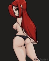 1girls areolae ass big_ass big_breasts black_panties bottomwear breasts female female_only hair hair_over_one_eye long_hair looking_back myskart nipples panties parasoul red_hair skullgirls solo solo_female thighs topless yellow_eyes