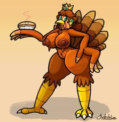 anthro anthro_only avian beak bird bird_legs brown_hair chabble corn crown mario_(series) nintendo pie post_transformation princess_daisy tail_feathers turkey turkey_leg turkey_meat winged_arms wings