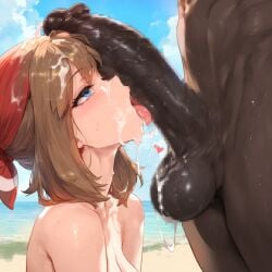 1boy 1girls ai_generated big_penis cock_worship cum cum_on_face licking_penis may_(pokemon) oppai-love pokemon