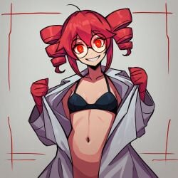 ai_generated almost_visible_genetalia black_bra bottomless bra drill_hair flashing flat_chest glasses highres kasane_teto lab_coat light_skin navel open_coat osmondai red_eyes red_gloves red_hair sadistic_smile short_hair simple_background smile stable_diffusion stick_yo_dick_in_crazy synthesizer_v twintails utau vocaloid yandere