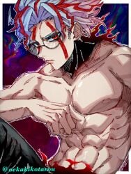 1boy abs alternate_form dandadan glasses male male_only muscular muscular_male red_eyes solo takakura_ken_(okarun) transformation white_hair