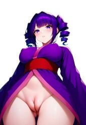 1girls ai_generated ass_visible_from_the_front ass_visible_through_thighs big_breasts blossomtea blush blush_lines breasts civitai cleft_of_venus cosplay covered_nipples crossover crossover_cosplay dot_nose emi_(kitsune_no_hanashi) eyebrows eyebrows_visible_through_hair eyelashes eyelashes_visible_through_hair hassaku_xl highlights highlights_(coloring) japanese_clothes kimono kokona_haruka labia labia_majora large_breasts light_blush looking_at_viewer low-angle_view masa_works_design nipples_visible_through_clothing no_underwear obi oni_to_kitsune_no_hanashi pink_sash purple_eyes purple_hair purple_kimono pussy red_obi sash self_upload simple_background solo teeth twin_drills white_background wide_sleeves yandere_simulator