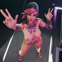 beanie completely_nude completely_nude_female female female_only fortnite high-angle_view kfc_(artist) looking_up looking_up_at_viewer nitebeam_(fortnite) nude nude_female peace_sign pose posing shiny shiny_skin solo solo_female tattoo tattoos v_sign