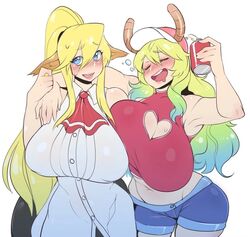 2girls alcohol animal_ears big_breasts blonde_hair blue_eyes blush breast_press cap centaur centorea_shianus closed_eyes clothed crossover dragon_girl drunk female_only gradient_hair horns milf miss_kobayashi's_dragon_maid monster_girl monster_musume_no_iru_nichijou open_mouth ponytail quetzalcoatl_(dragon_maid) simple_background taur tied_hair venusflowerart