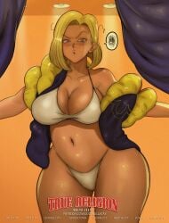 android_18 bikini blonde_hair blue_eyes dragon_ball dragon_ball_super dragon_ball_z dressing_room embarrassed gogeta_(cosplay) magazine_cover oddabellatay todd_l._milhouse voluptuous