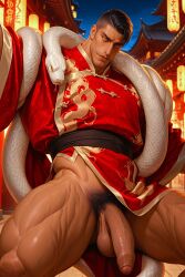 ai_generated athletic_male bara bottomless chinese_clothes dark_hair gay handsome male_only muscular_legs muscular_male naked_from_the_waist_down partially_clothed partially_clothed_male partially_nude partially_undressed smiling_at_viewer solo_male zodoai