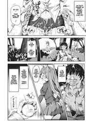 1boy 2girls antenna antennae_(anatomy) bunny_ears comic cum cum_under_clothes cum_wearing expressionless_face fat_man female gensoukyou_jikanteishi_club male monochrome outdoors rape speech_bubble time_stop ugly_man