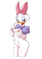 1:1 1girl 1girls 2024 2024s absurd_res absurdres accessory anthro areola areolae avian beak belly_button bird black_eyes blue_eyes bow bow_in_hair breasts compact_body daisy_duck digital_media_(artwork) disney duck eyelashes feathers female female_focus female_only furry furry_female hair_accessory hi_res huhujujuy navel nipples open_beak open_mouth pink_bow purple_eyeshadow shirt shirt_lift simple_background small_breasts solo solo_female solo_focus tail thighs white_background white_body white_feathers