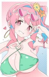 armpits bare_arms bare_shoulders bikini blush breasts cleavage collarbone earrings flower_in_hair green_bikini hozuki_kaede huge_breasts ixy long_hair onii-chan_wa_oshimai! parted_lips pink_eyes pink_hair side_ponytail sideboob smile sunglasses_on_head underboob upper_body wet_body