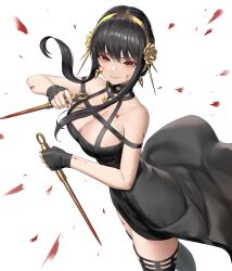 1girls absurdres assassin black_dress black_gloves black_hair black_thighhighs blood blood_on_face bloody_weapon breasts cleavage commentary dagger dress dual_wielding earrings female female_only fingerless_gloves gloves gold_hairband hair_between_eyes hair_ornament hairband highres holding holding_dagger holding_knife holding_weapon human human_female jewelry knife large_breasts long_hair looking_at_viewer mature_female red_eyes reverse_grip sidelocks simple_background sleeveless sleeveless_dress slim_waist smile solo spy_x_family stiletto_(weapon) sunkilow thighhighs thighs thorn_princess weapon white_background yellow_hairband yor_briar yor_forger zettai_ryouiki