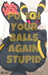 big_breasts black_fur claws feet feet_up female_only furry legs_together pawpads paws pokemon pussy red_eyes spread_anus tail text umbreon