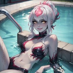 ai_generated bodysuit cute cute_face dark_swimsuit dark_swimwear evelynn pool pool_party pool_party_evelynn smile smiling succubus swimsuit swimwear white_body white_hair yellow_eyes