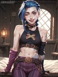 1girls ai_generated ainoob17 arcane arcane_jinx blue_hair jinx_(arcane) jinx_(league_of_legends) league_of_legends light-skinned_female riot_games smile smiling solo_focus stable_diffusion tagme