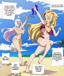 assisted_exposure beach bikini bikini_bottom bikini_top breasts embarrassed embarrassed_nude_female fairy_tail female herchi stripped stripped_naked